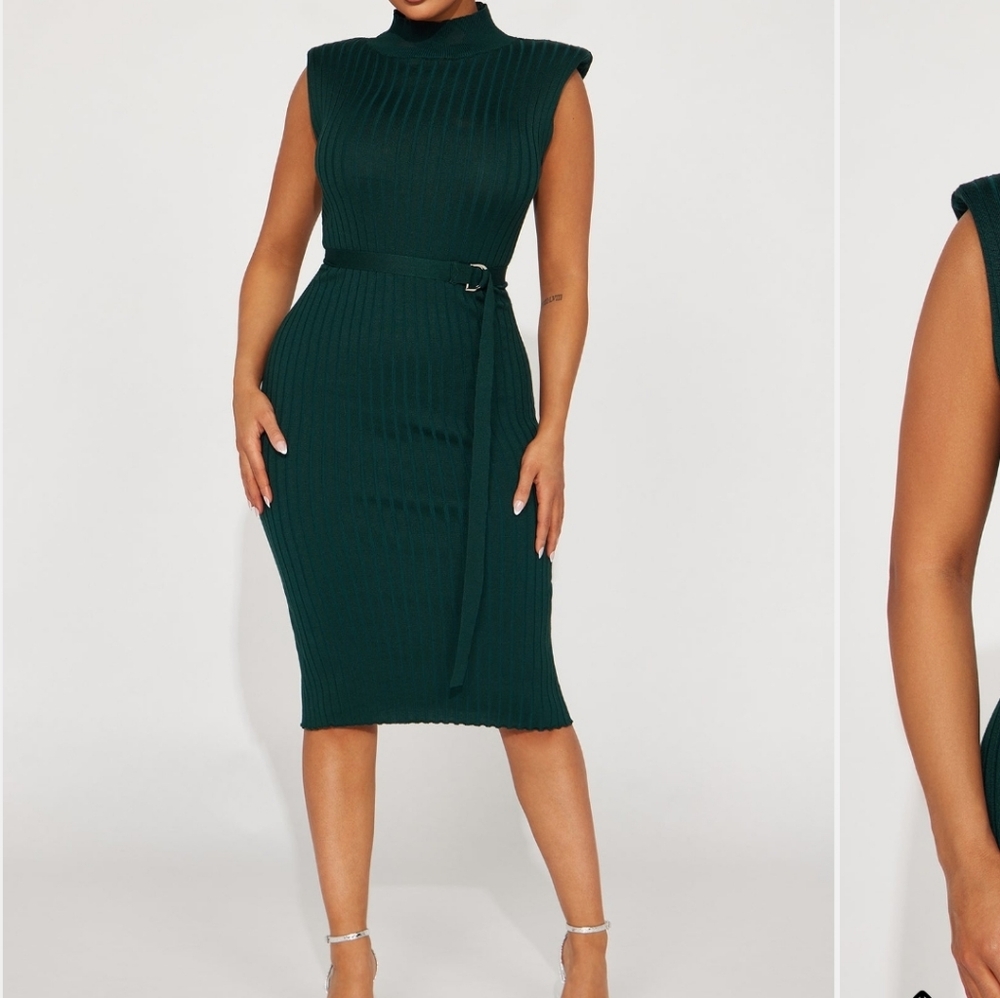 Elegant Belted Mock Neck Midi Dress - Teal